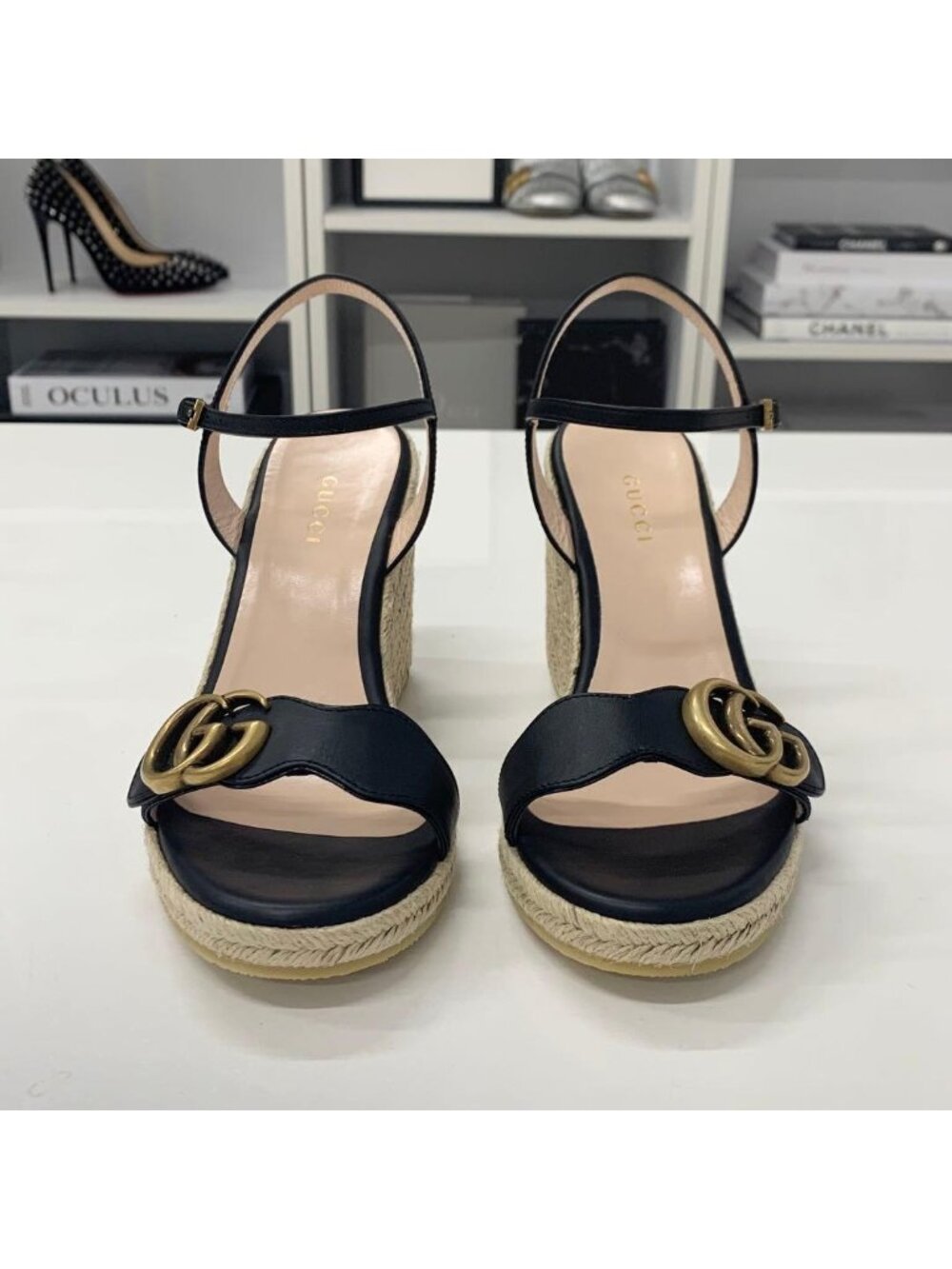 Gucci Leather Double G Wedge Sole Espadrille Sandals Black - Picture 5 of 11
